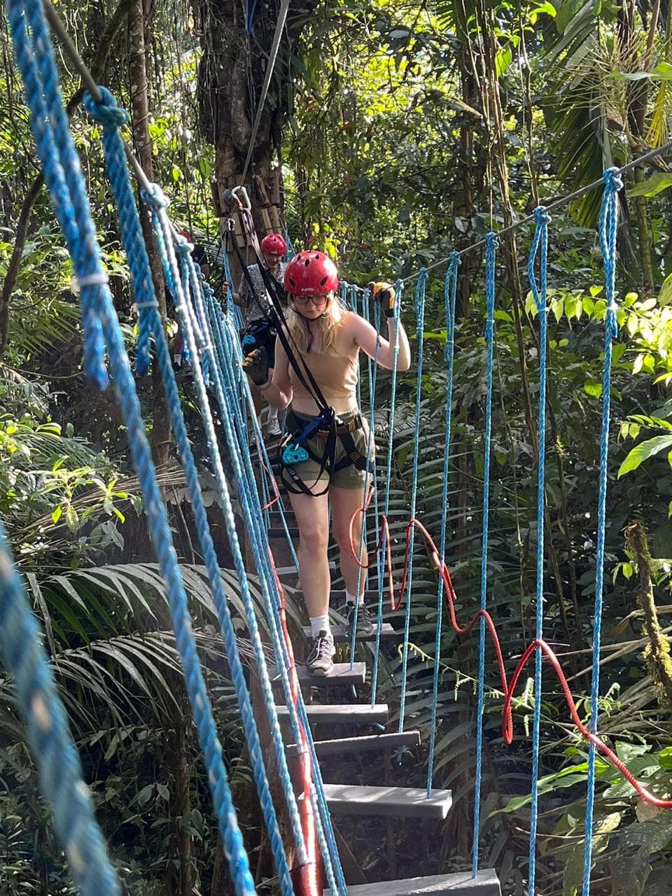 Guest crossing a hanging bridge in the rainforest